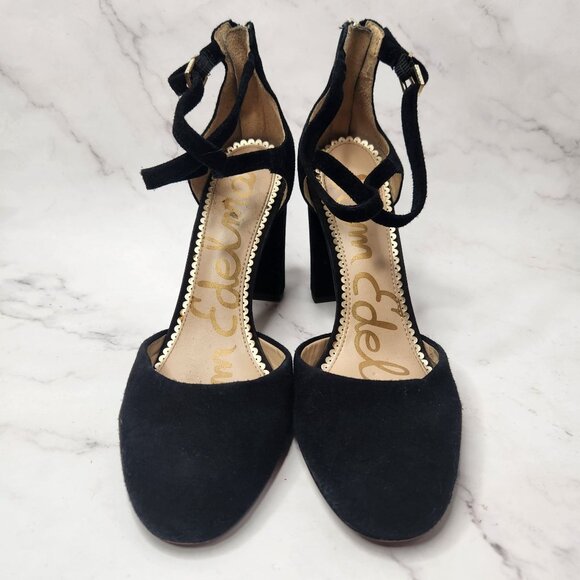 Sam Edelman Suede Leather Black Strappy Heels Chunky Block Heel Women's 8.5 - Picture 3 of 10